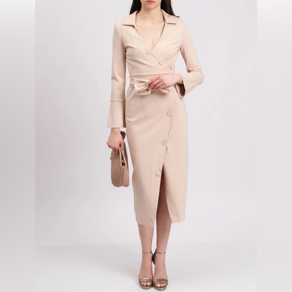 Tan Midi Wrap Dress with Slit for Cocktail